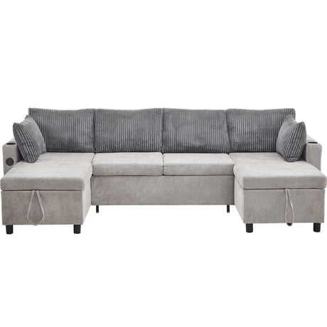 Sectional Sofa Bed With Pull Out Sleeper, USB Ports, Cup Holders