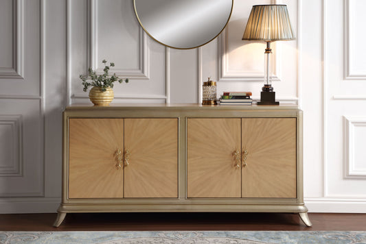 ACME Dodie Console Cabinet, Oak Sunburst Pattern & Taupe Champaign Finish AC02504