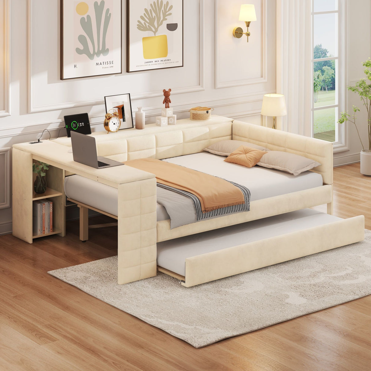 Upholstered Platform Bed With Storage Shelves, Desk, Charging Station And Trundle