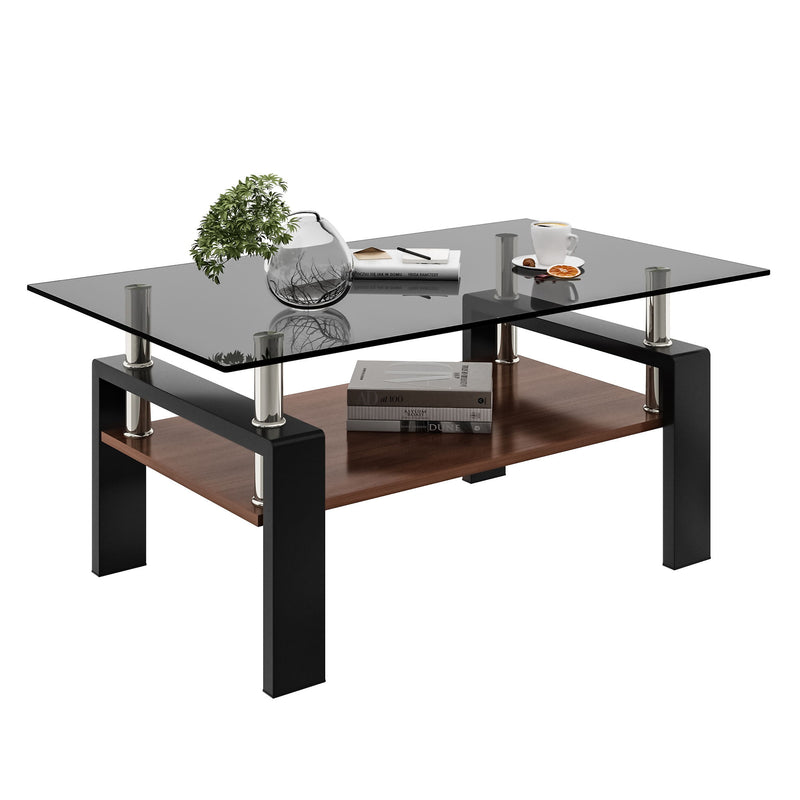 Modern Rectangular Coffee Table With Tempered Transparent Glass Top And Storage Shelf