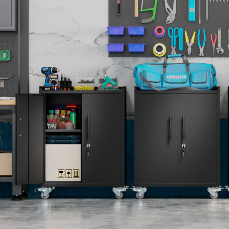 2 Door Tool Cabinets For Garage, Lockable Garage Storage Cabinet, Locking Storage Cabinet With Wheels, Rolling Tool Chest - Black