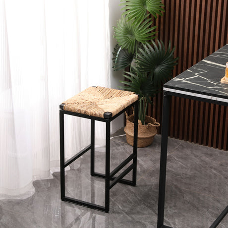 Set Of 2 Backless Water Hyacinth Woven Bar Stools With Footrest, Natural Finish, Metal Frame, 25 Inch Height
