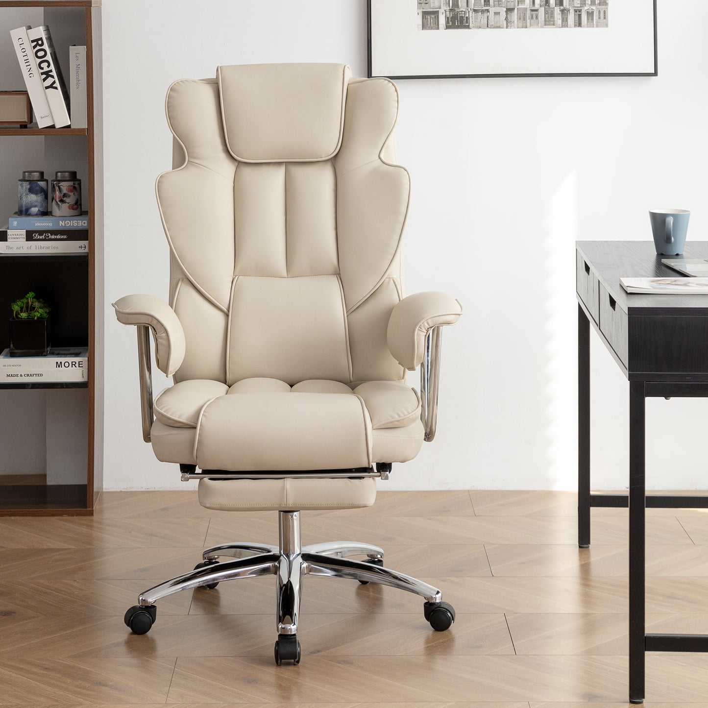 Office Chair, Big and Tall Executive Office Chair with Footrest, Leather Computer Chair, Ergonomic Reclining Chair High Back , Large Home Office Chair (Beige)