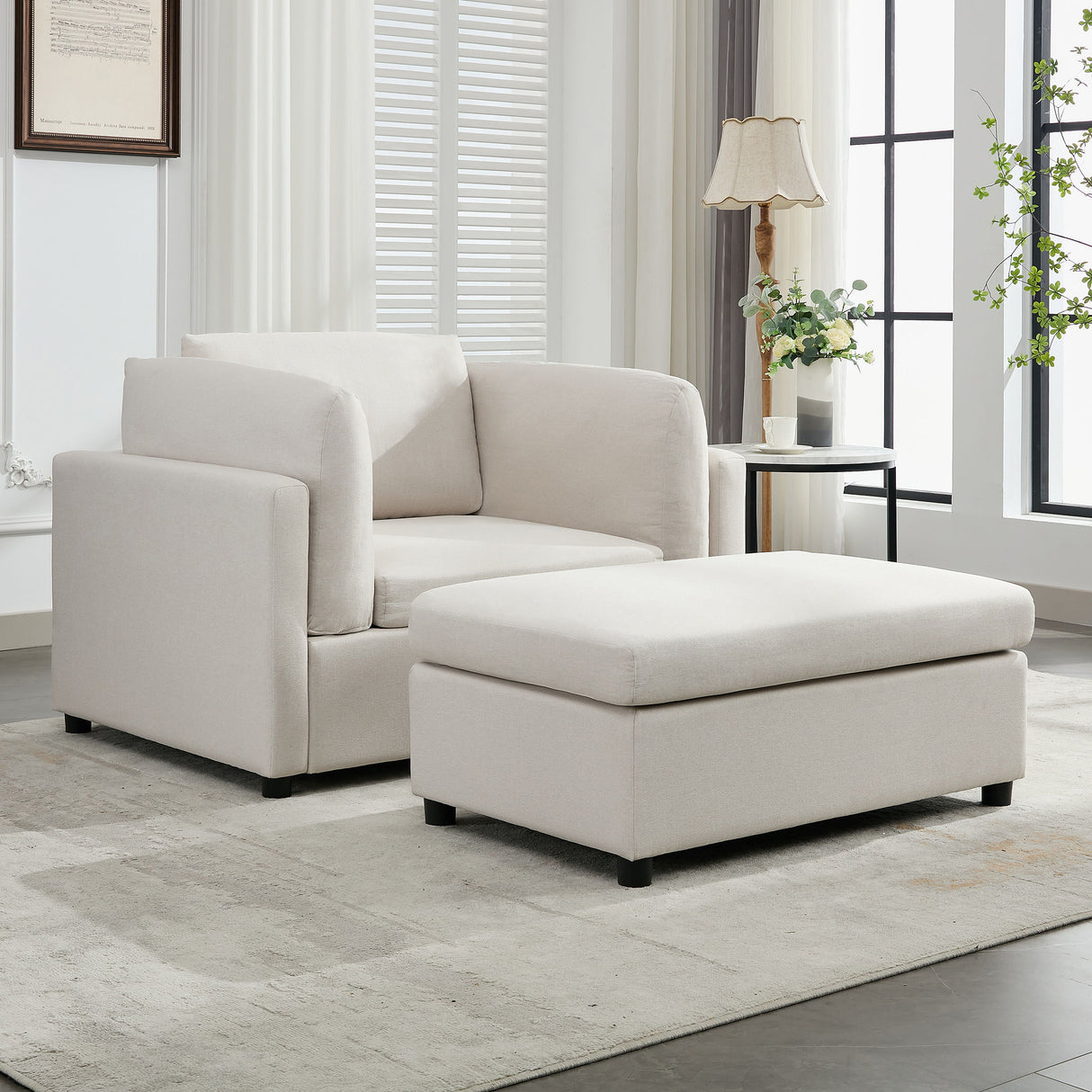 Wide Modern Oversized Armchair With Ottoman Stool, Single Sofa With Lumbar Support, Accent Chair
