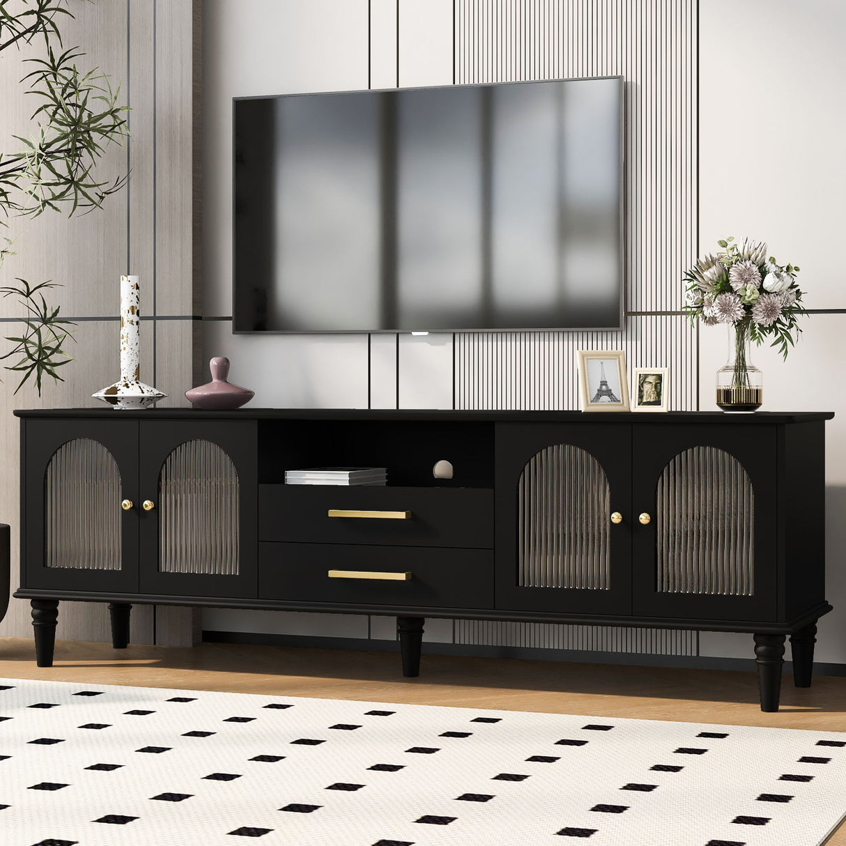 Retro TV Stand With Fluted Glass Doors
