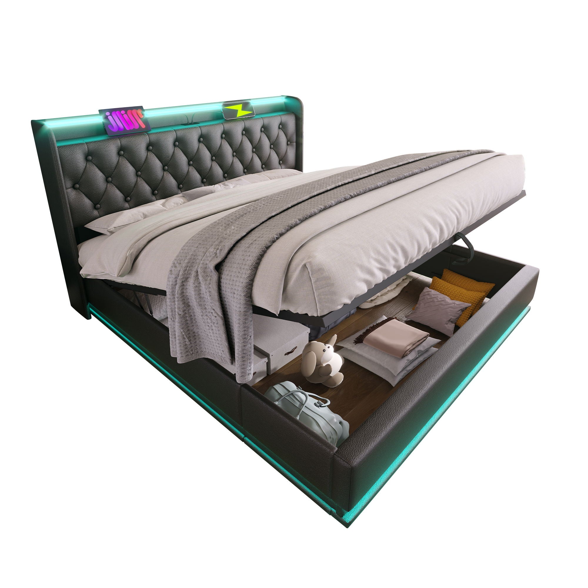 Upholstered Bed with LED, Remote Control, Hydraulic Storage, and USB Charging - Thumbnail 5
