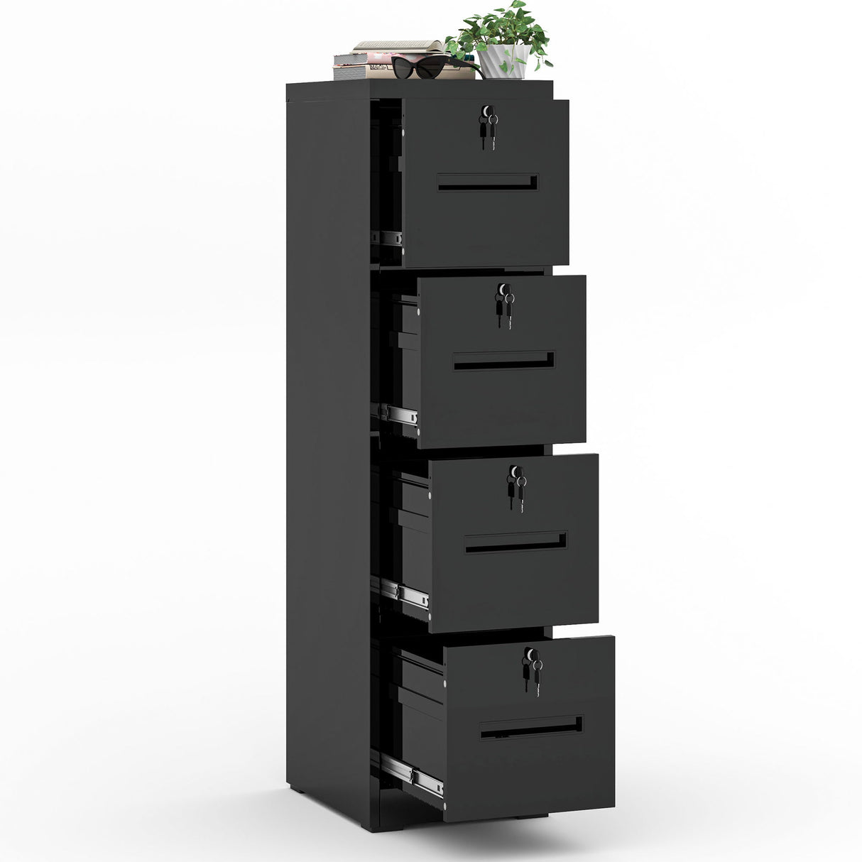 Modern 4 Drawer Metal Vertical Filing Cabinets With Lock For Home Office, Steel Construction, Letter / Legal / A4 / F4 Size - Brushed Nickel
