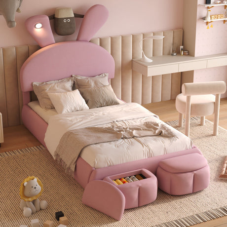 Twin Size Upholstered Platform Bed With Cartoon Ears Shaped Headboard And Light - Pink
