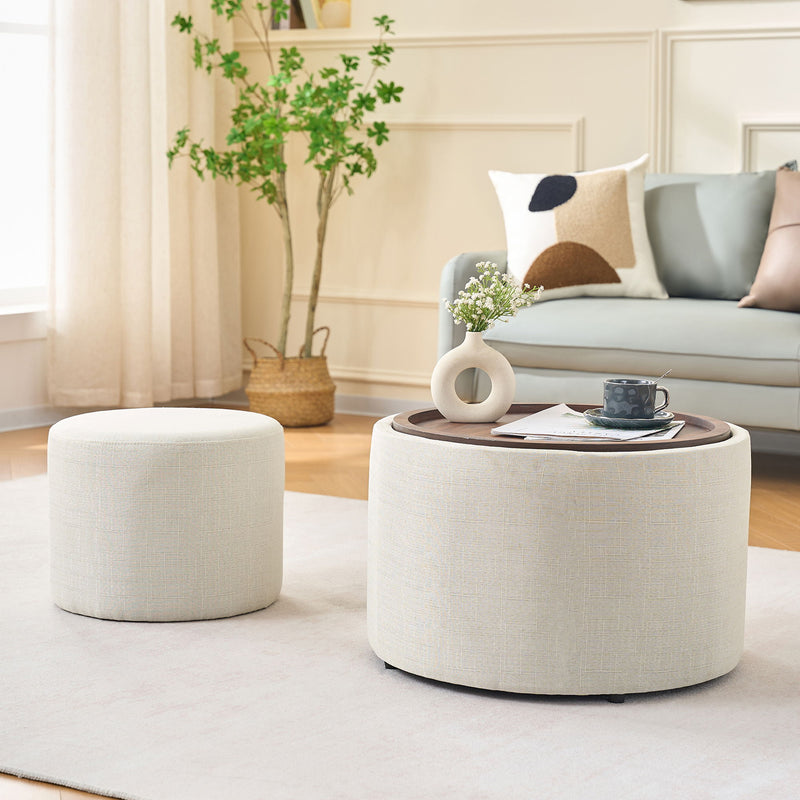 Nesting Ottomans, Round Coffee Table & Bench With Tray (Set of 2)