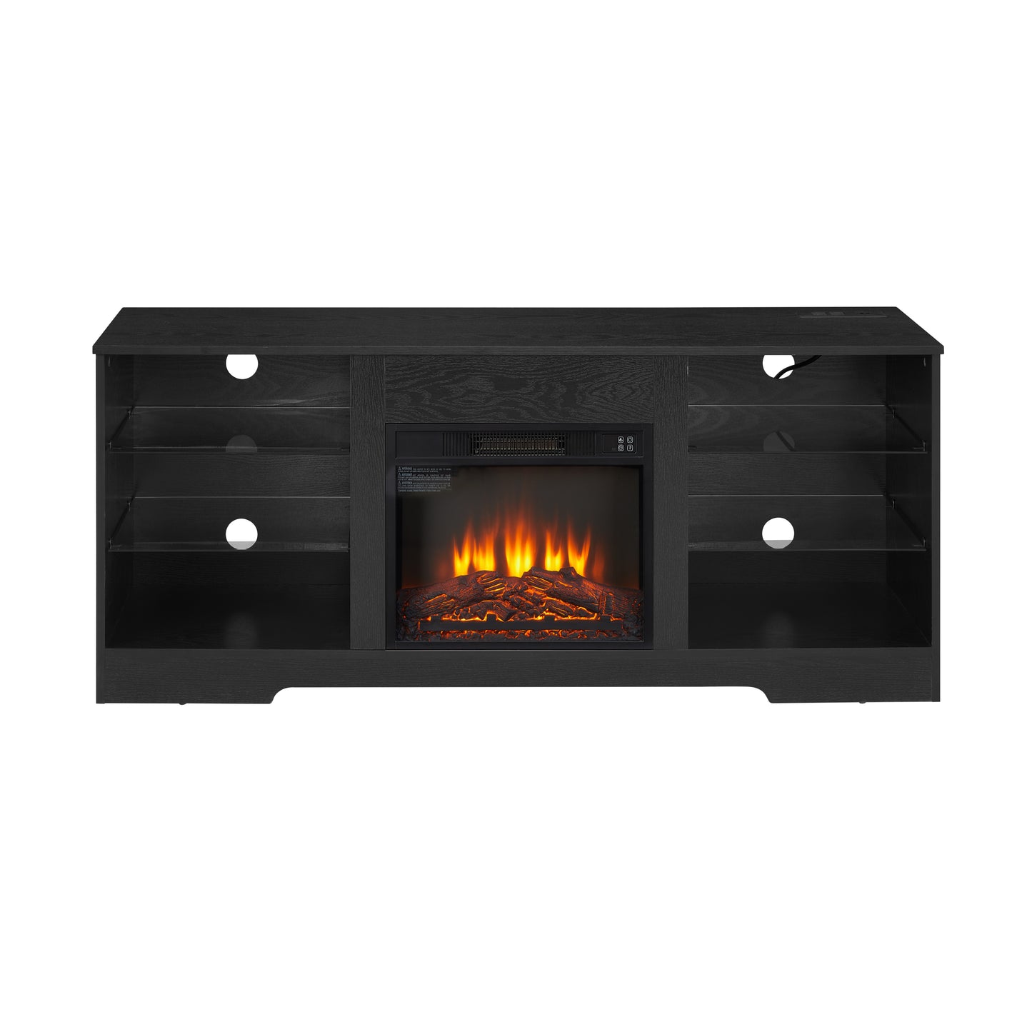 TV Stand Electric Fireplace  Glass Shelves, 3D Fireplace TV Stand with LED Lights Wood with USB Charging Outlet Modern Television Table Center for TV up to 62" Black 58''W*15.5''D*24.4