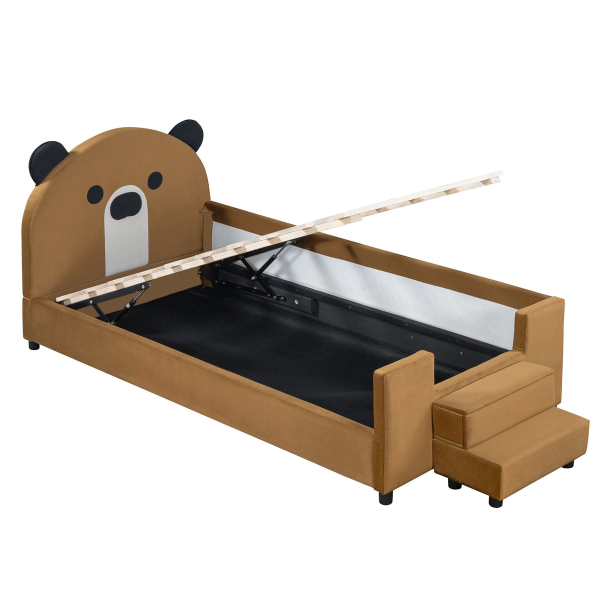 Upholstered Daybed With Bear Shaped Headboard, Hydraulic System And Breathable Mesh Fence