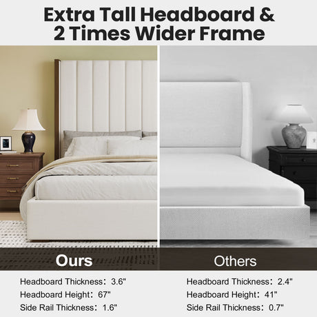 Tall Headboard Upholstered Bed With Vertical Striped And Wingback Design, Box Spring Needed