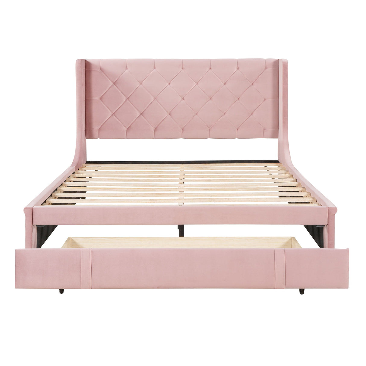Storage Bed Velvet Upholstered Platform Bed With Wingback Headboard And A Big Drawer