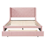 Storage Bed Velvet Upholstered Platform Bed With Wingback Headboard And A Big Drawer