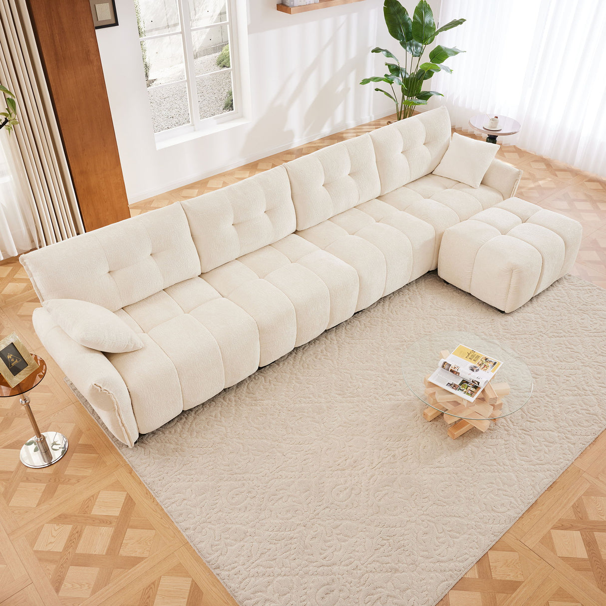 Elegant Sofa Set With Ottoman And Pillows, Textured Chenille, High Resilience Cushions