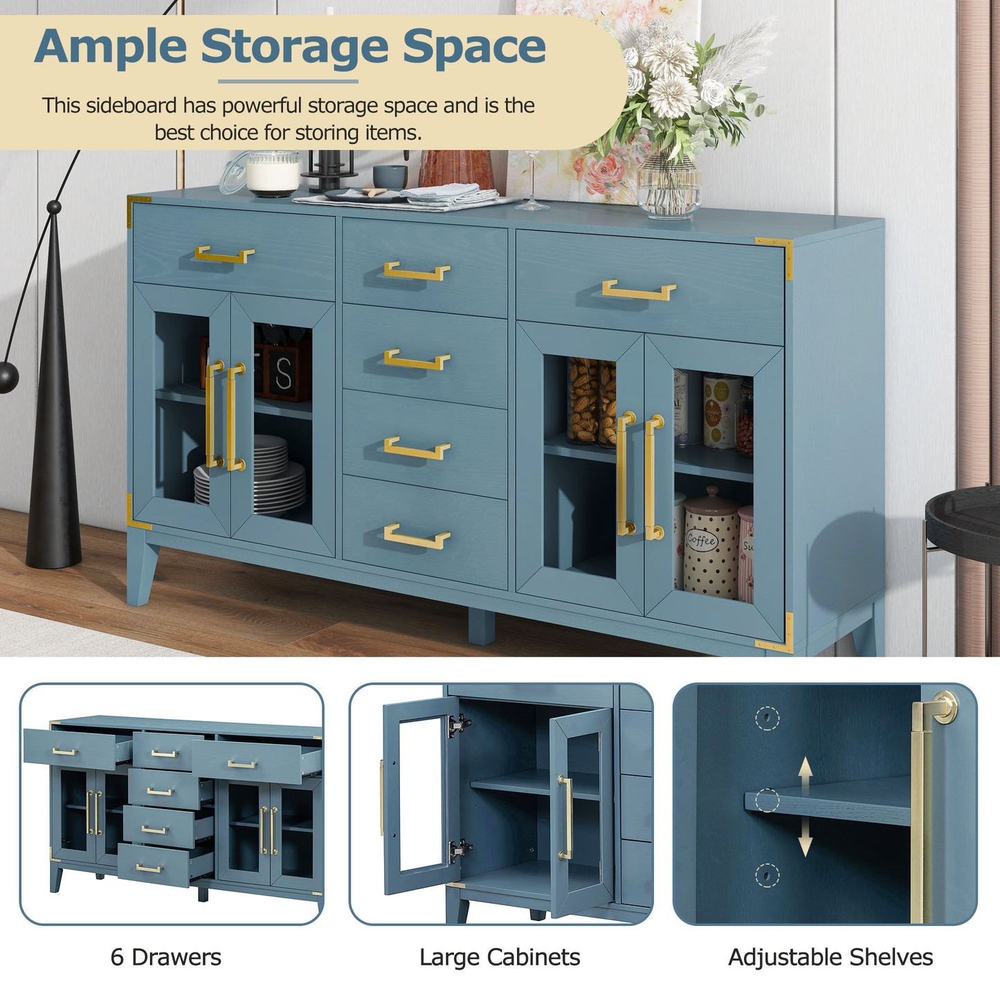 TREXM 6-drawer and 2-Cabinet Retro Sideboard with Extra Large Storage Space, with Gold Handles and Solid Wood Legs, for Kitchen and Living Room (Antique Blue)