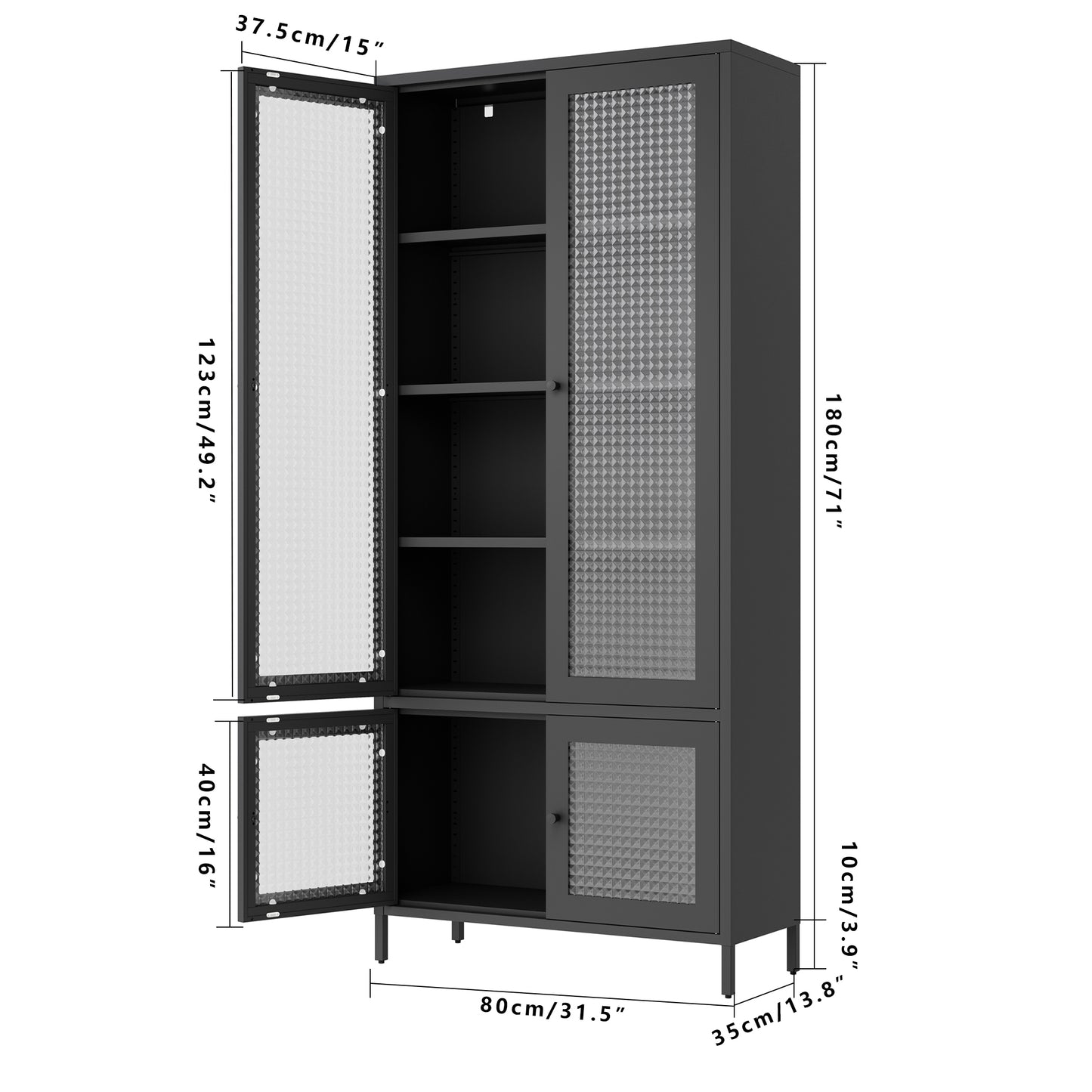 Large Metal Storage Cabinet Display Cabinet with 4 Glass Doors 5 Shelves Side Cabinet Bookcase Freestanding Cabinet for Bedroom Living Room Pantry Home Office - Black, Waffle-Grids  Tempered Glass