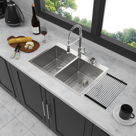 Modern Farmhouse Double Bowl Drop In Sink With 50 / 50 Split Design Stainless Steel - Brushed Nickel