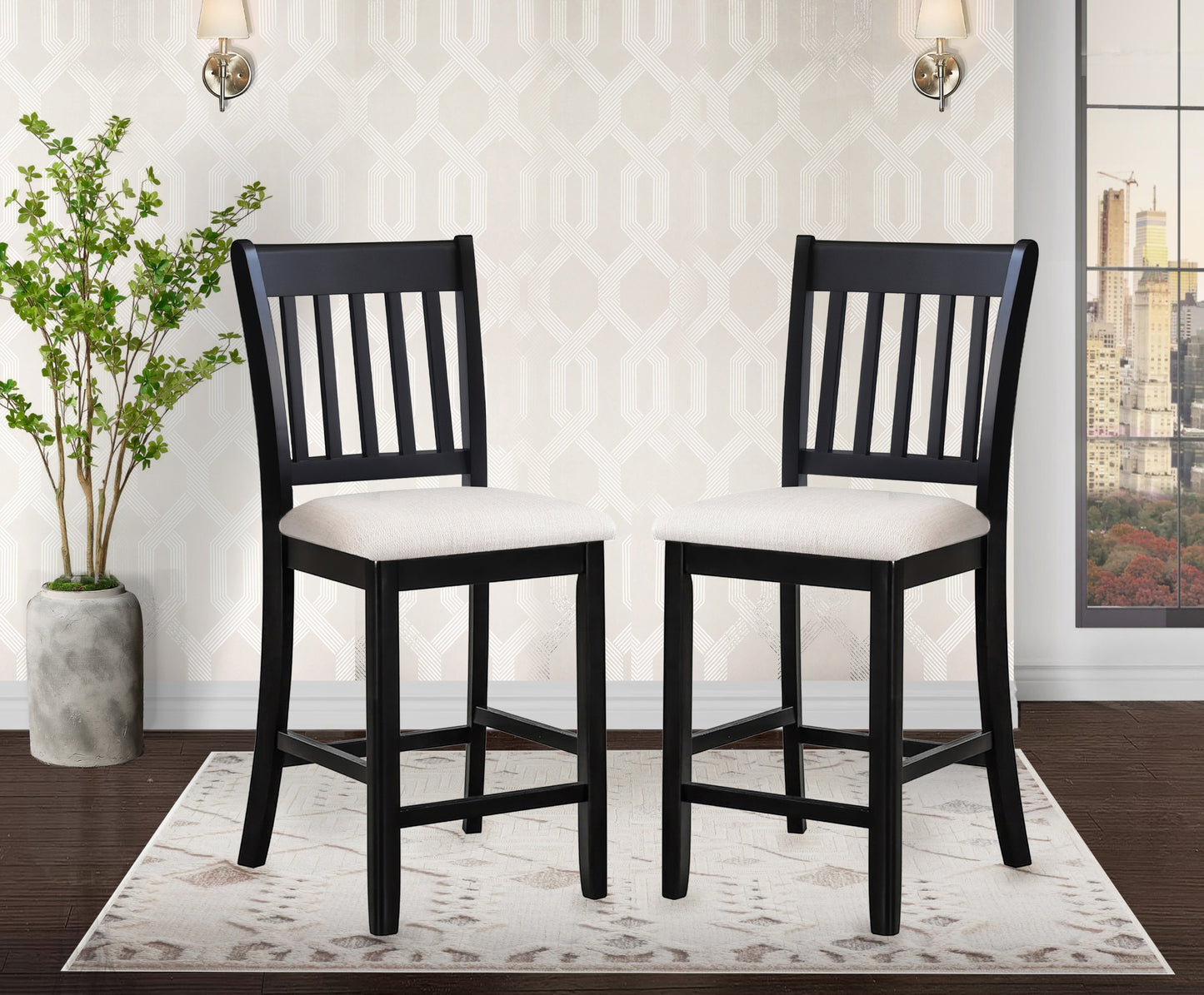 Casual Seating Black Finish Chairs Set of 2 Rubberwood Transitional Slatted Back Design Dining Room Furniture Counter Chairs