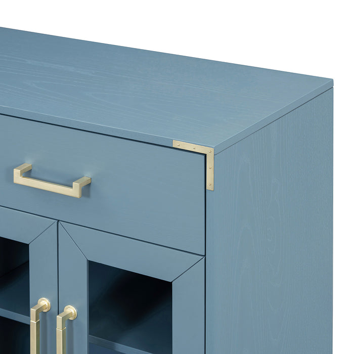 TREXM 6-drawer and 2-Cabinet Retro Sideboard with Extra Large Storage Space, with Gold Handles and Solid Wood Legs, for Kitchen and Living Room (Antique Blue)