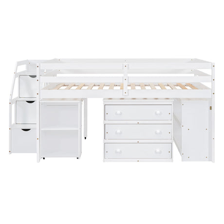 Loft Bed With Retractable Writing Desk And 3 Drawers With Storage Stairs And Shelves