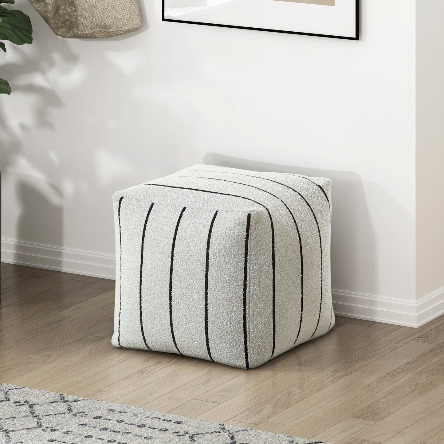 Modern Square Pouf Off-White Jacquard Fabric Upholstered Ottoman, Non-Slip Floor Pouf, Bean Bag Chair, 1pc Sitting Pouf