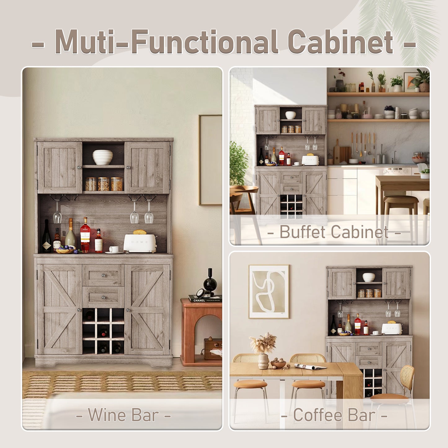 Coffee Bar Cabinet Kitchen Cabinet with Storage, Farmhouse Wine Cabinet with Drawers shelves and cabinets, Buffet Cabinet Wine & Glass Racks for Dining Room, Kitchen, Oak