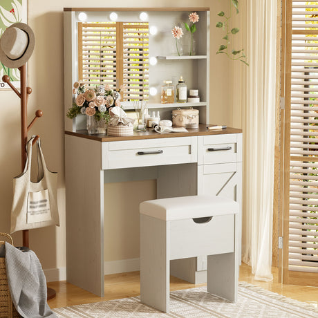 Farmhouse Makeup Vanity Desk With Mirror And Lights, 3 Lighting Modes, Vanity Set With Stool, Dressing Table With Adjustable Shelves, 2 Drawers And Side Cabinet For Bedroom - White