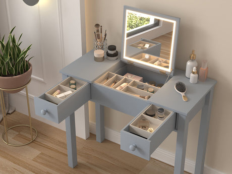 Vanity Table With LED Lights, Flip-Top Mirror And 2 Drawers, Jewelry Storage
