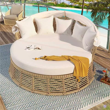 Outdoor Patio Rattan Round Daybed With Retractable Canopy, Wicker Furniture Round Poolside Sofa Sunbed With Removable Cushions, Backyard, Porch - Beige
