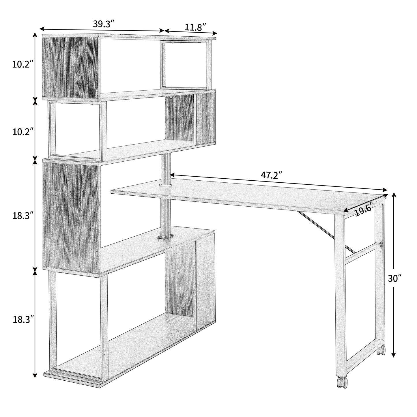 Home Office Computer Desk L-Shaped Corner Table, Rotating Computer Table with 5-Tier Bookshelf, Four Installation Methods, Lockable Casters (Tiger)