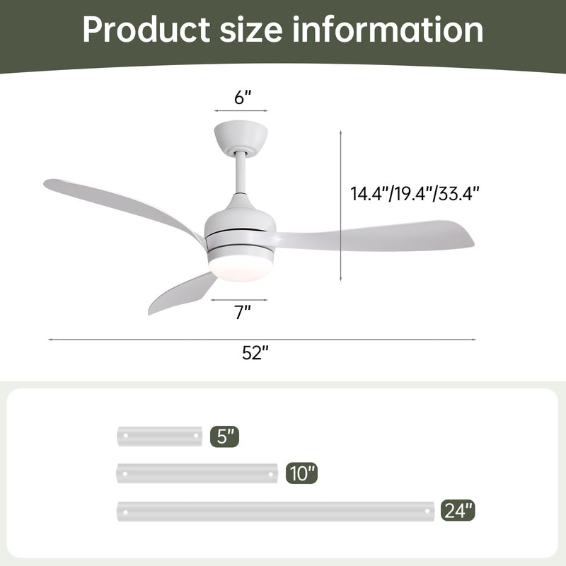 Ceiling Fan With 3 Blades, Remote Control, Reversible DC Motor, Noiseless Operation, 3 Downrods