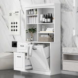 Bathroom Storage Cabinet With Tilt Out Hamper, Tall Free Standing Organizer With Drawers & Adjustable Shelves, Linen Tower With Steel Handles - White