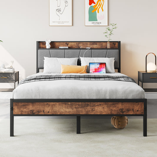 Full Size Bed Frame, Storage Headboard with Charging Station, Solid and Stable, Noise Free, No Box Spring Needed, Easy Assembly,Vintage Brown and Gray