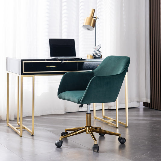 Modern Velvet Fabric Material Adjustable Height 360 revolving Home Office Chair with Gold Metal Legs and Universal Wheels for Indoor,Dark Green