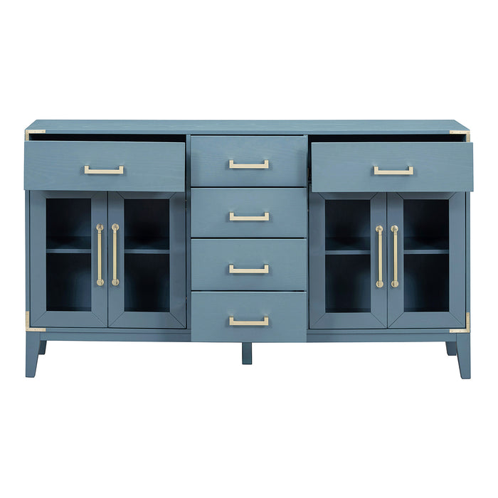 TREXM 6-drawer and 2-Cabinet Retro Sideboard with Extra Large Storage Space, with Gold Handles and Solid Wood Legs, for Kitchen and Living Room (Antique Blue)