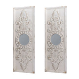 Large Wooden Wall Art Panels With Distressed Round Mirror Accents (Set of 2) - White
