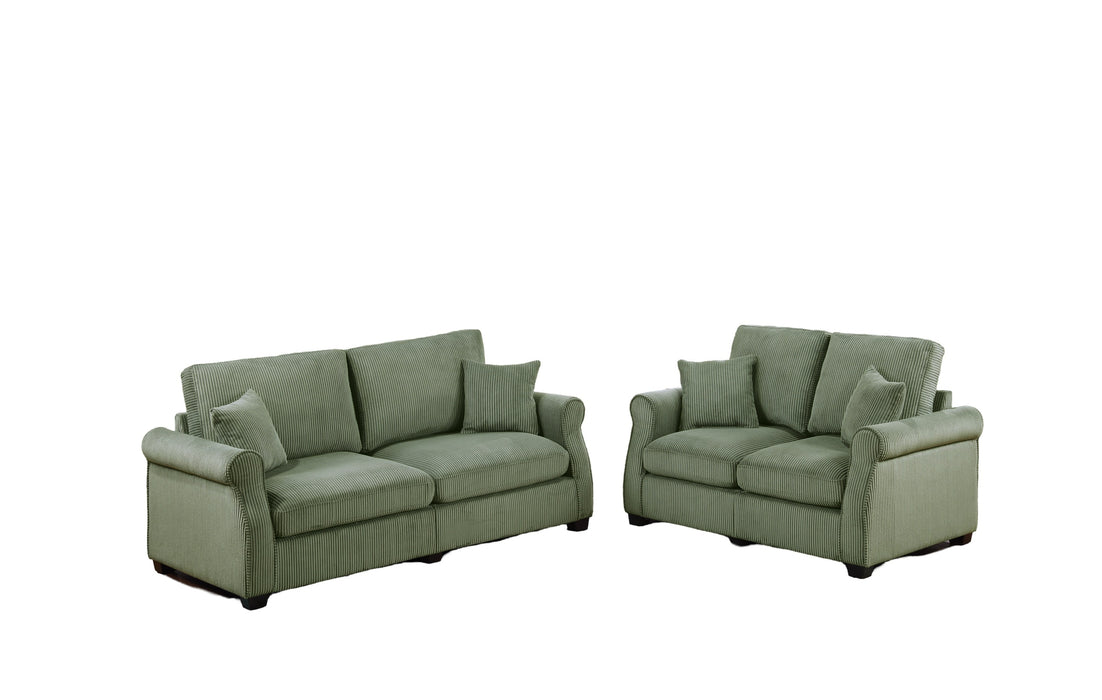 Classic Living Room 2pc Sofa Set Sage Color Corduroy Sofa Loveseat w Pillows Square Arms Plush Couch