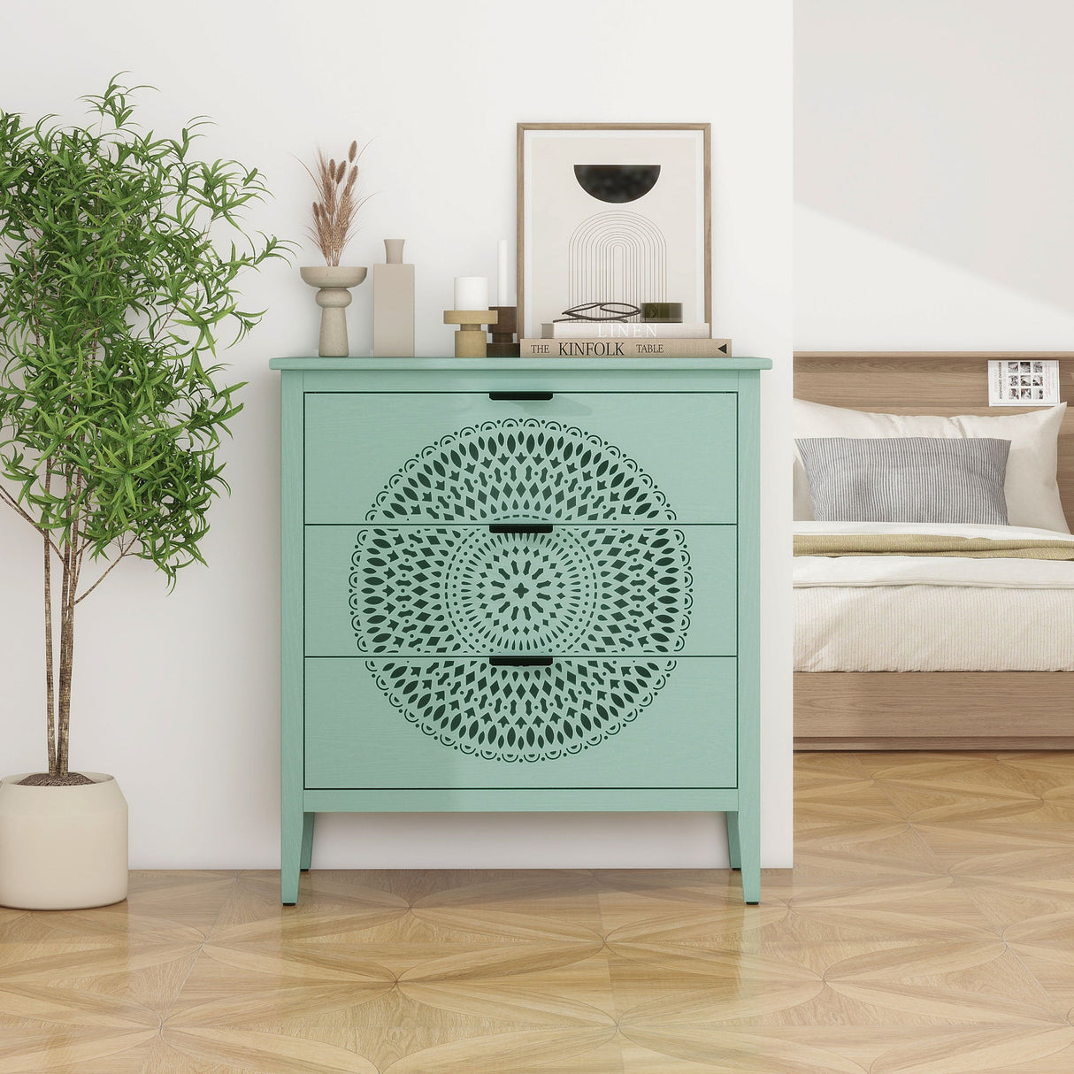 3 Drawer Storage Cabinet With Hollow Carved Design And Metal Handles, Chest For Entryway, Living Room Or Bedroom - Light Green