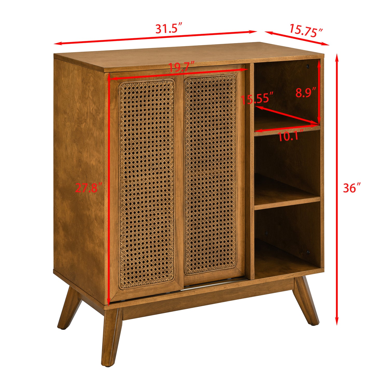 Mid Century Modern Rattan Sideboard Cabinet, Buffet Cabinet for Entryway Hallway Living Room Kitchen Dining Room Bedroom, Adjustable Shelf & Solid Wood Feet & Rattan Cabinet Doors - Light Wood