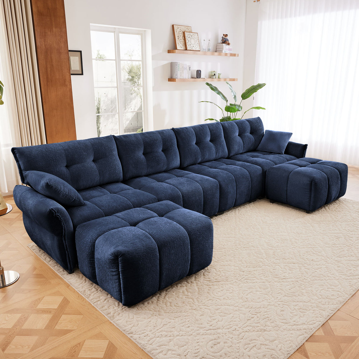 Elegant Sofa Set With Ottoman And Pillows, Textured Chenille, High Resilience Cushions
