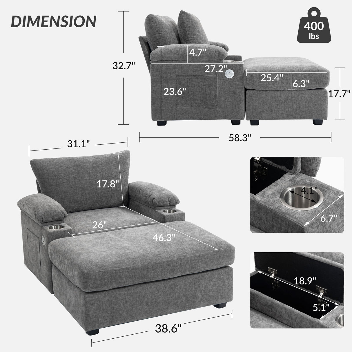 Modern Oversized Chair With Ottoman, Comfy Sofa With Cupholders And USB Charging Ports Chair For Living Room