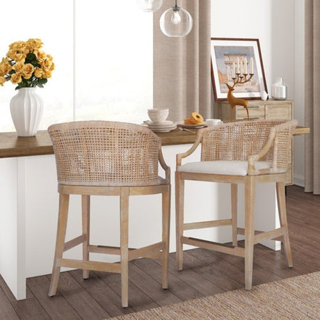 Handcrafted Rattan Counter Stool With Linen Upholstery - Natural Whitewash