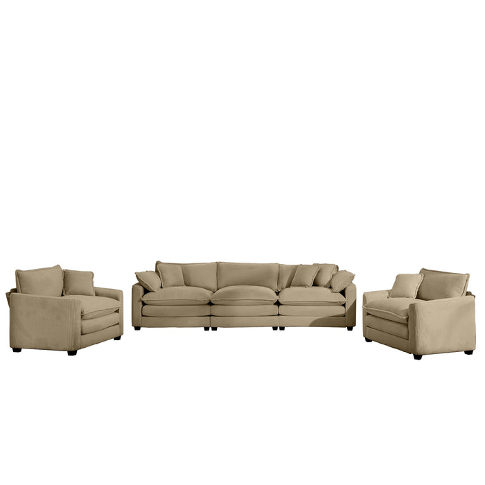 Luxurious and Sophisticated Sofa Set with Soft Cushions and Pillows, Home for Living Rooms and Clubs as well as Home Theaters, Consisting of Two Single Sofas and a 3-Seater Sofas in Tan Corduroy Fabri