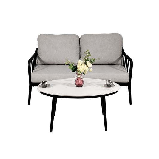 2 Piece Outdoor Aluminum Patio Furniture, Modern Loveseat Sofa Conversation / Chat Set, Sunbrella Cushions And Oval Coffee Table With White Carrara Marble-Look Sintered Stone Top - Ember Black / Beige