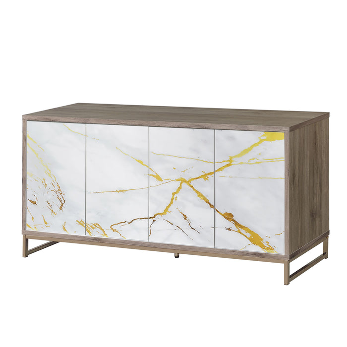 ACME Paavan Console Cabinet, White Marble Paint, Oak & Champagne AC02343