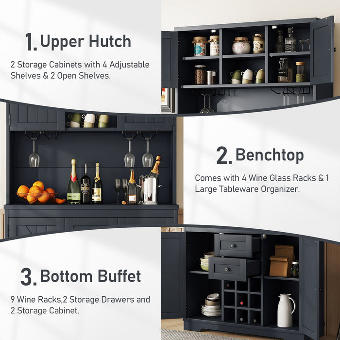 Coffee Bar Cabinet Kitchen Cabinet with Storage, Farmhouse Wine Cabinet with Drawers shelves and cabinets, Buffet Cabinet Wine & Glass Racks for Dining Room, Kitchen, Dark Blue