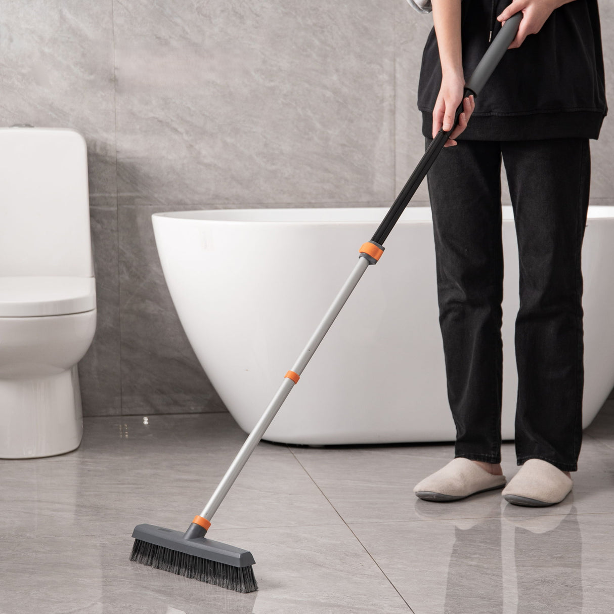 Adjustable Floor Brush With Squeegee Powerful Cleaner For Concrete, Tile, Bathrooms, Kitchens, Garages, And Pools - Black
