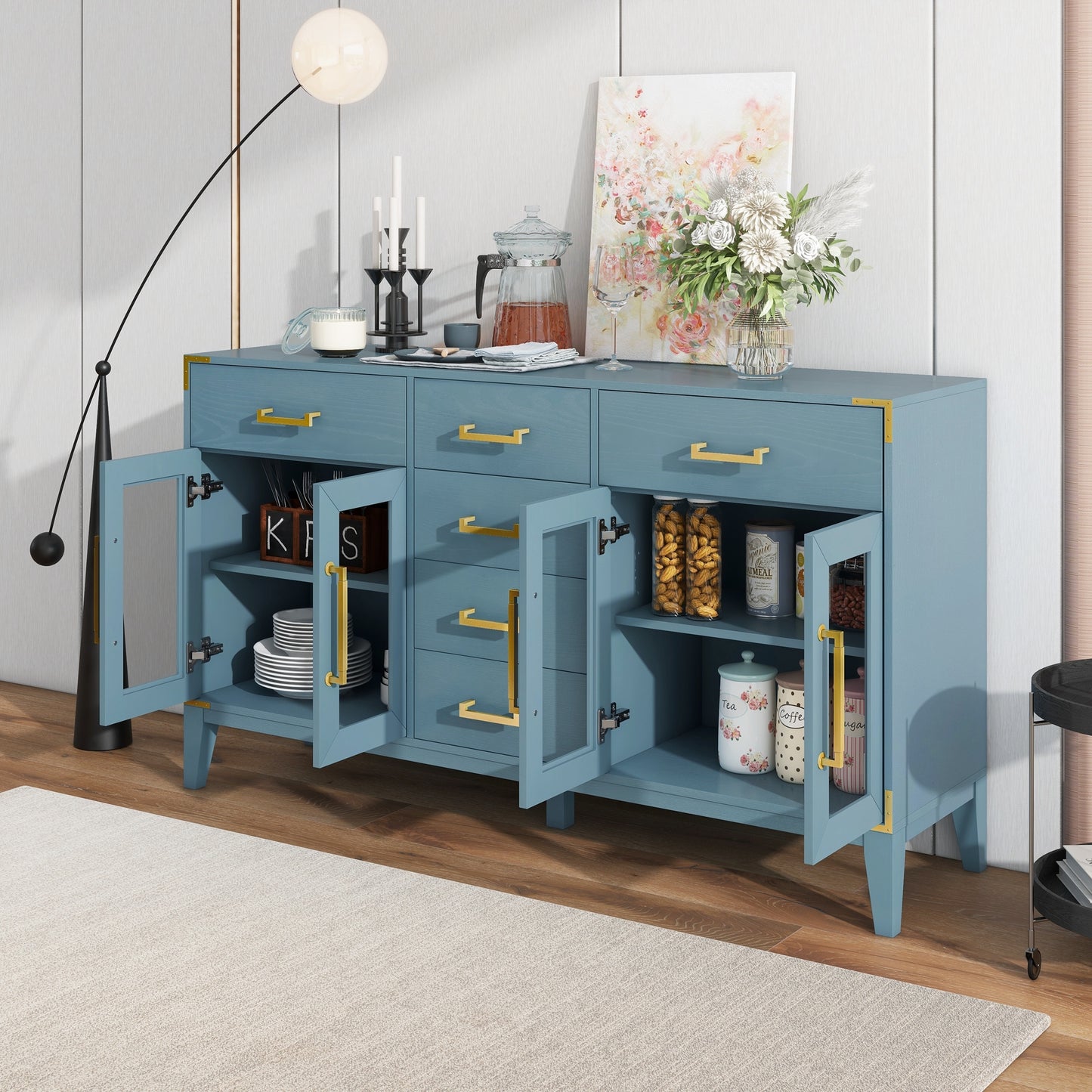 TREXM 6-drawer and 2-Cabinet Retro Sideboard with Extra Large Storage Space, with Gold Handles and Solid Wood Legs, for Kitchen and Living Room (Antique Blue)