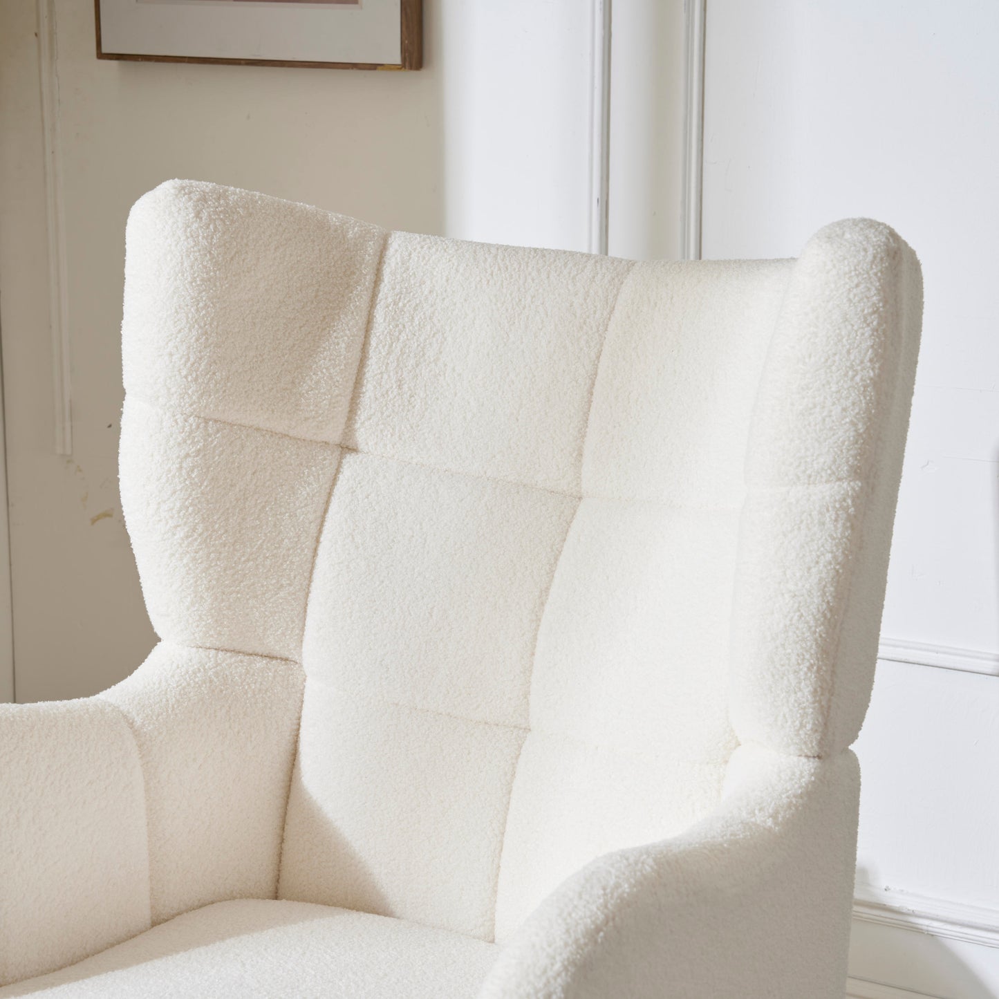 Mid-Century Ivory White High Back Accent/Club Chair with Thick Cushion, Modern Armchair with Round Arm and Birch Wood Legs, Teddy Wool Fabric, for Living Room, Office, Balcony, Bedroom and Study Room